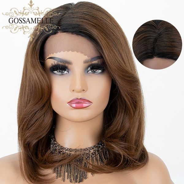 

gossamelle ombre коричневый парик фронта шнурка смешанный черный короткие волнистые синтетические парики для женщин косплей парики высокая т, Black