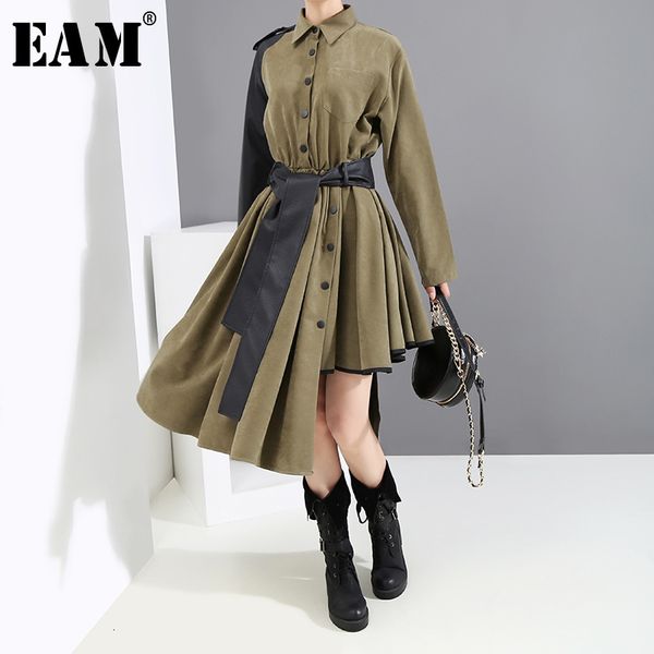 

eam] women green bandage asymmetrical shirt dress new lapel long sleeve loose fit fashion tide spring autumn 2020 19a-a154, Black;gray