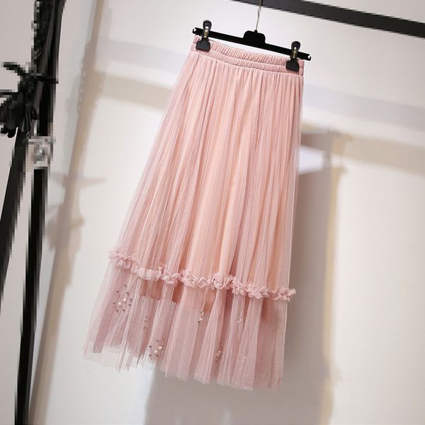

new 2019 autumn summer skirts womens beading mesh tulle skirt women elastic high waist a line mid calf midi long pleated skirt, Black