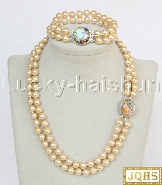 

17" 8" 2row string champagne south sea shell pearls necklace bracelet abalone clasp j13188, Silver