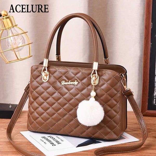 

acelure fur ball pendant fashion women shoulder crossbody bags solid black red plaid pu leather college style ladies handbags