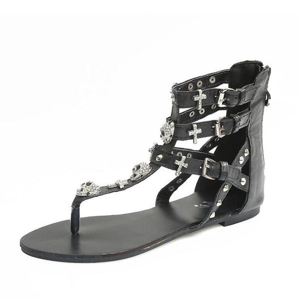 

fashion women gladiator sandals summer casual flip flops cutout zipper skull rivet sandals flat shoes woman 35~42, Black