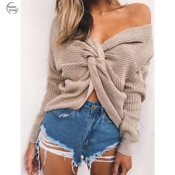 

4 свитера цвета v шеи twisted назад свитер женщины перемычки осень повседневная топы с длинным рукавом вязаные пуловеры выдвижные femme, White;black