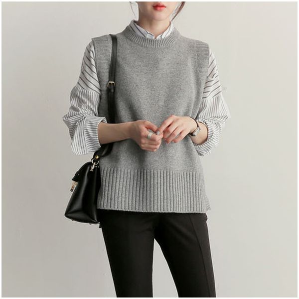 

women's vests 2021 spring autumn wool sweater vest women sleeveless o-neck knitted female casual tank pullover oversize split side, Black;white