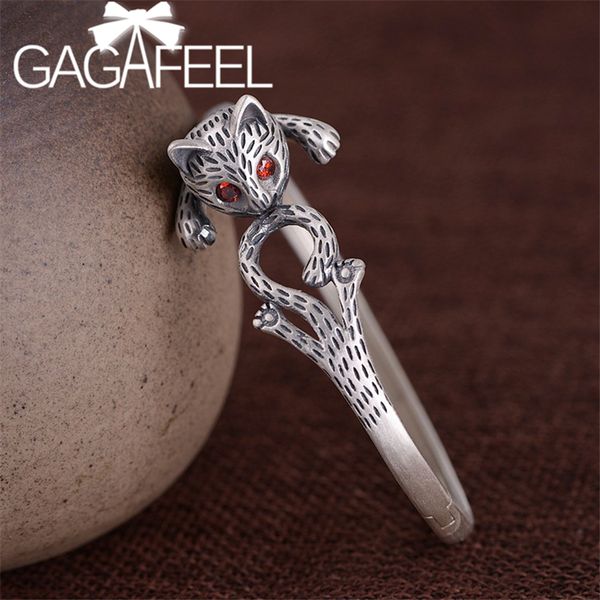 

gagafeel full silver cat bracelets women fashion cat open bangle thai silver matte jewelry adjustable bracelet for female, Black