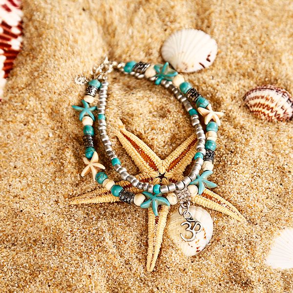 

ns35 bohemian multiple layers starfish turtle beads anklets for women vintage boho shell chain anklet bracelet beach jewelry, Red;blue