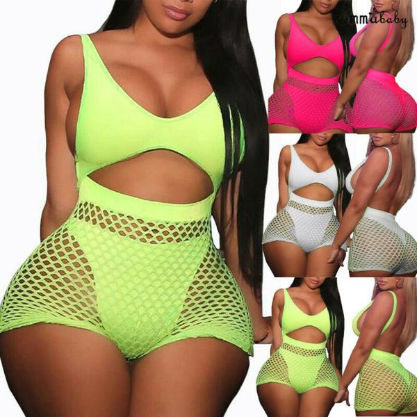 

women sleeveless v-neck fishnet hollow out playsuit hole jumpsuit romper trousers bodycon playsuit clubwear backless party pants