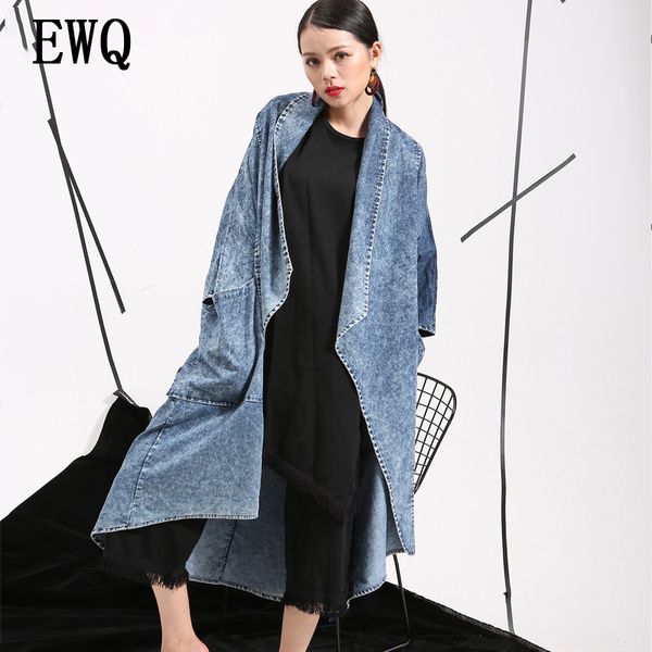 

ewq] new autumn 2019 pockets windbreaker woman lapel bat sleeve denim cotton loose big size long jacket thin coat w0205, Tan;black