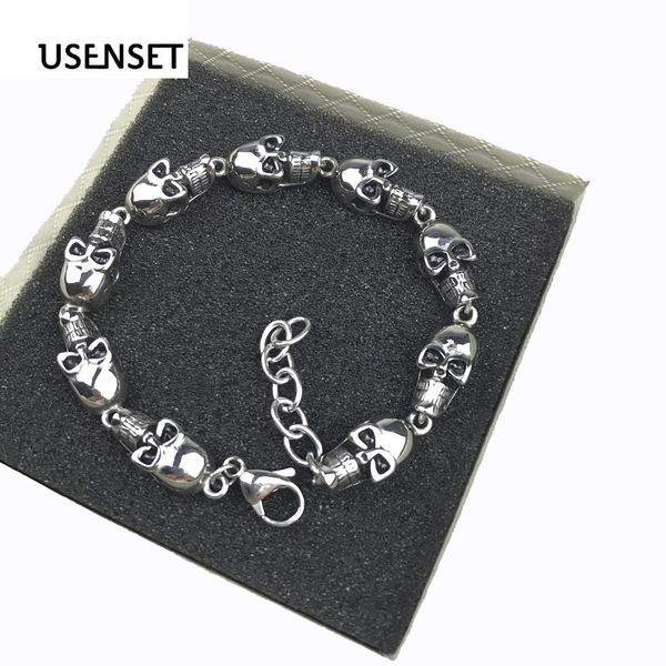 

usenset men's punk skull skeleton bracelet 316l stainless steel link wrist skulls gothic bracelets pulsera calavera jewelry gift, Black