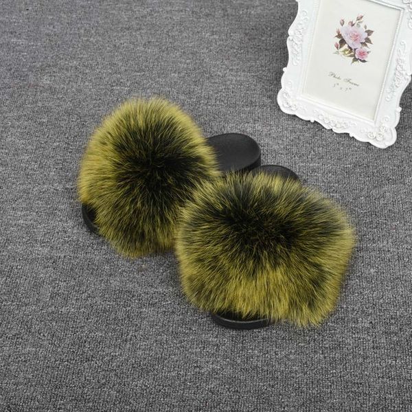 

factory wholesale female slides frosted real fox fur slippers new wide fur women sandals, Black