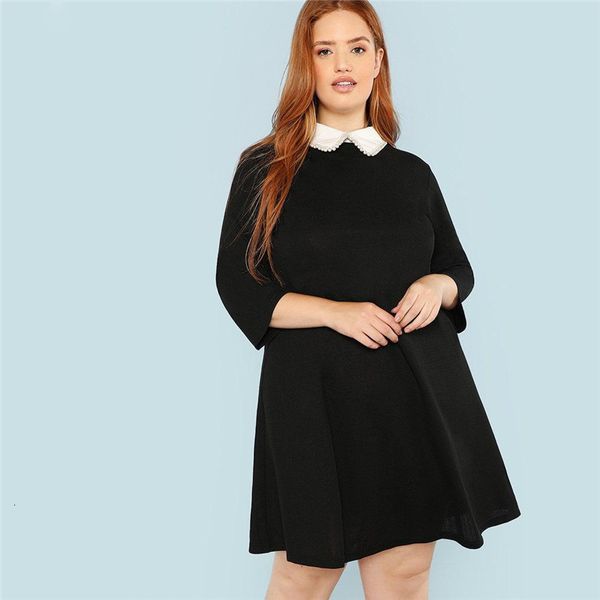 

woman clothing black dress plus size black cute peter pan collar beading pearl embellished a line loose dresses women spring autumn dress, Black;gray