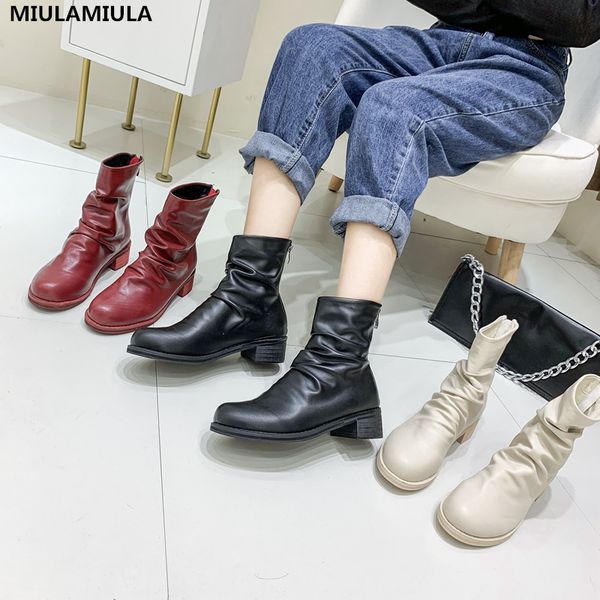 

miulamiula designers 2019 winter fashion pleated round toe med heels warm plush short ankle boots lady shoes zipper, Black