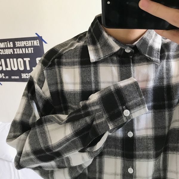 

plaid shirt men's fashion retro casual shirt men's street trend wild all-sleeved men's cotton, White;black