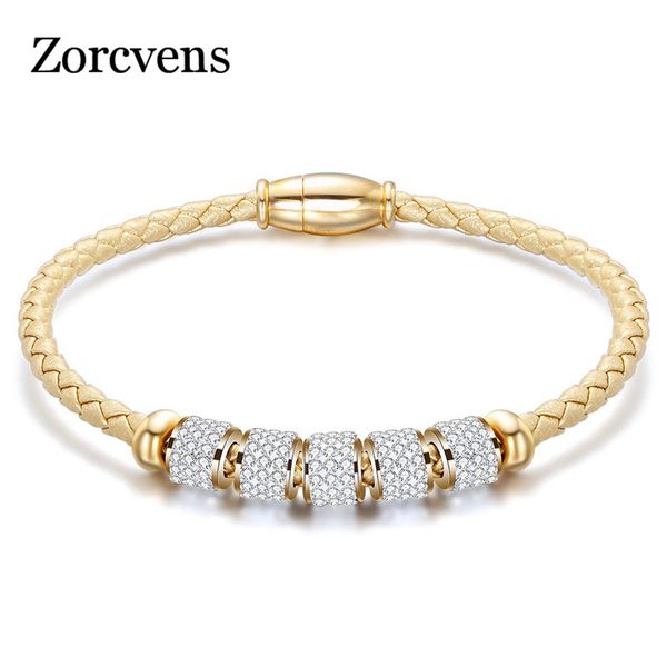 

modyle fashion genuine leather female bracelet gold silver color stainless steel cz stone wedding bracelets bangles for woman, Black