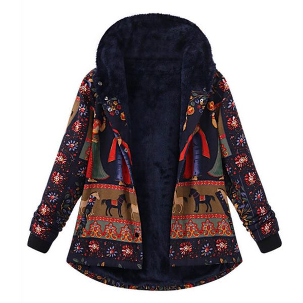 

s-5xl plus size winter coats women warm single breasted print vintage thick cotton padded loose female hooded jacket long parka, Black