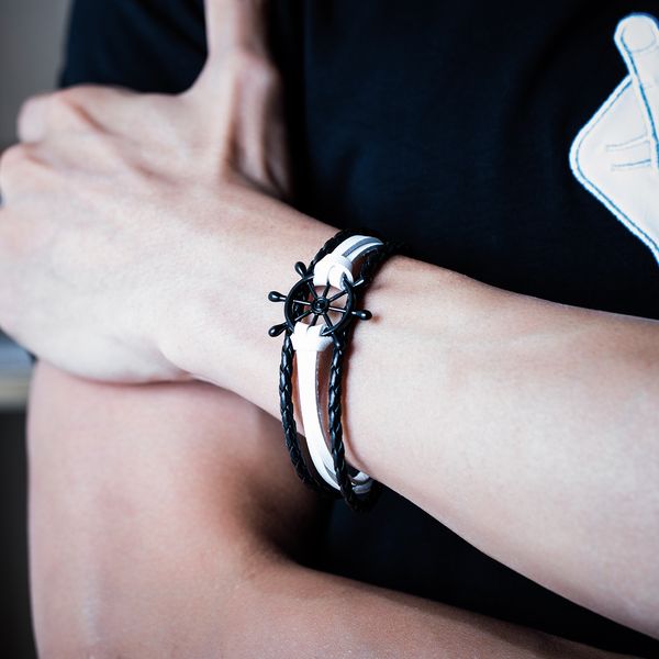 Moda-Europeia e americana moda preto personalizado leme trançado pulseira de pulseira de pulseira
