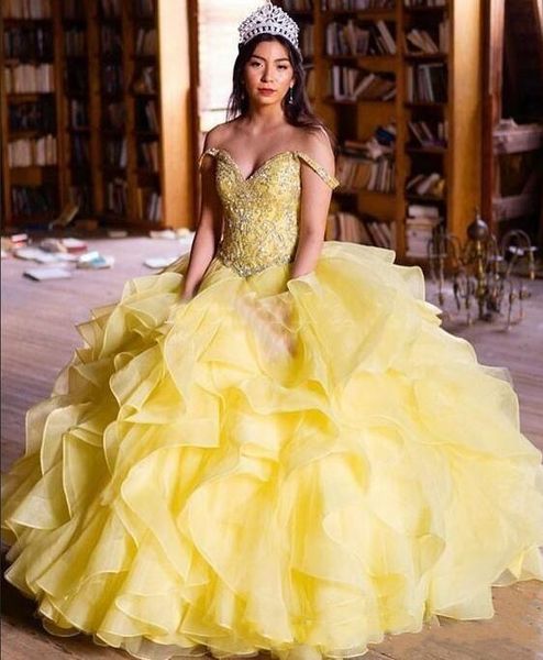 

желтый принцесса бальное платье quinceanera платья 2019 с плеча каскадные оборками хрустальные бусины развертки поезд пром платья партии для, Blue;red