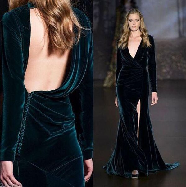 

elie saab dark green velvet split evening dresses so deep v-neck backless long sleeve sheath occasion dresses formal party dress, Black;red
