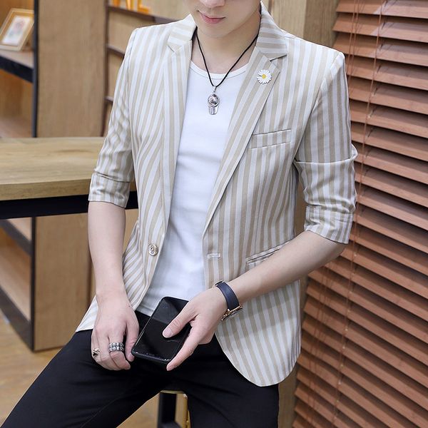 

men's suits & blazers 2021 handsome half-sleeve shirt striped suit youth slim casual single button thin, White;black