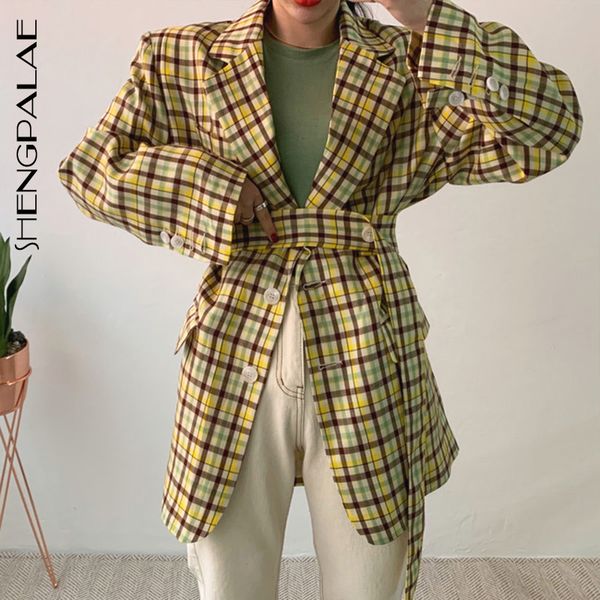 

shengpalae autumn winter 2019 flare sleeve plaid bandage button pockets loose coat women vintage style personality jackets fs919, Black;brown