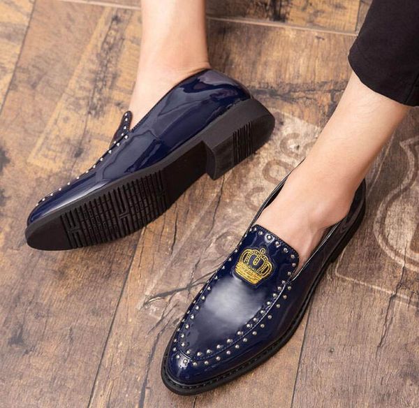 

new men dress leather shoes for men luxury british glitter rivet embroidery crown oxfords classic gentleman wedding prom shoes, Black