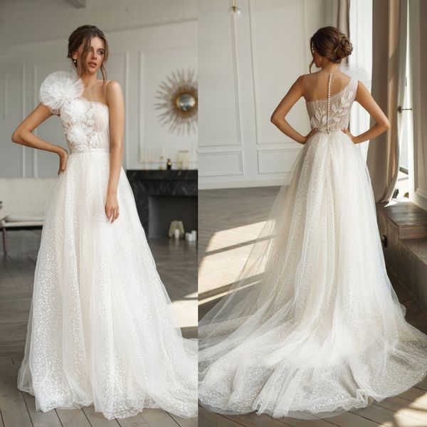 Georges Hobeika 2020 vestidos de casamento Jewel Lace apliques Tulle vestidos de noiva botão Voltar Trem da varredura Bohemian A Linha de Vestido de Noiva