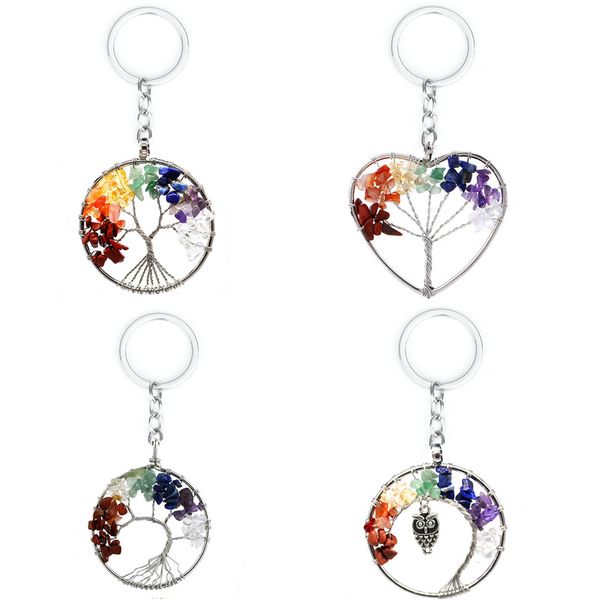 

natural crystal stone 7 chakra round tree of life pendant handmade keychains key ring key holder for women car bags accessories, Silver
