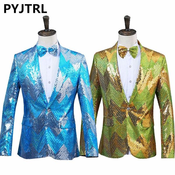 

pyjtrl new men gradual blue green sequins shiny party dj singer stage show suit jacket wedding prom performance blazer design, White;black