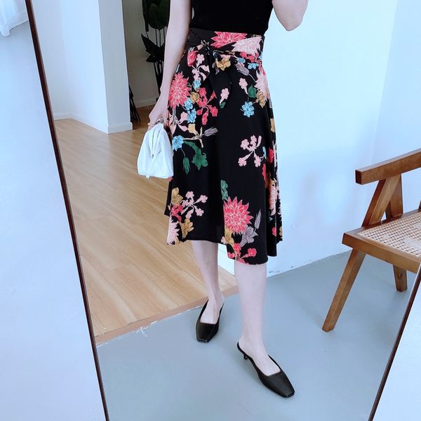 

summer women high waist flowers skirt knee length with sash bow elegant vacation beach dress xz2334, Black