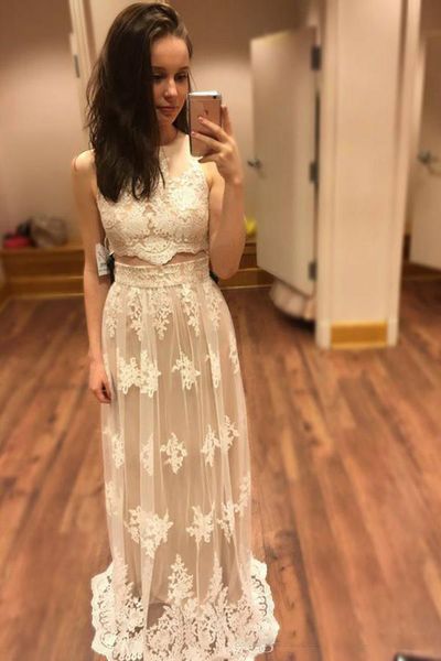 

plus size a line new lace party special gowns two piece crew sweep train tulle prom dress 2019 appliques custom made selling, Black