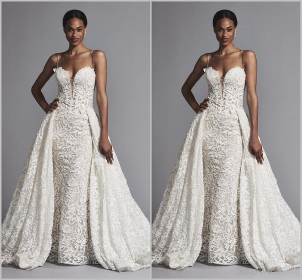 

2019 new mermaid wedding dresses with overskirts spaghetti lace bridal gowns sweep train plus size black african wedding dress, White