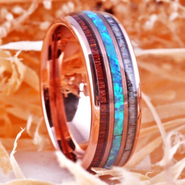 

ring for women classic rose-gold tungsten carbide ring blue fire opal & antler & wood inlay for men wedding engagement, Golden;silver