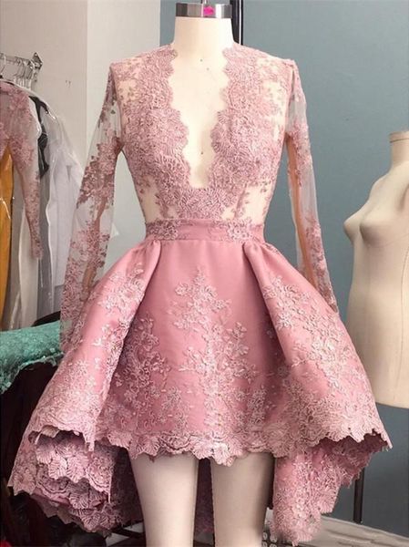 

pink v neck cocktail dresses lace applique knee length prom dresses long sleeve hi low homecoming party dresses custom made, Black