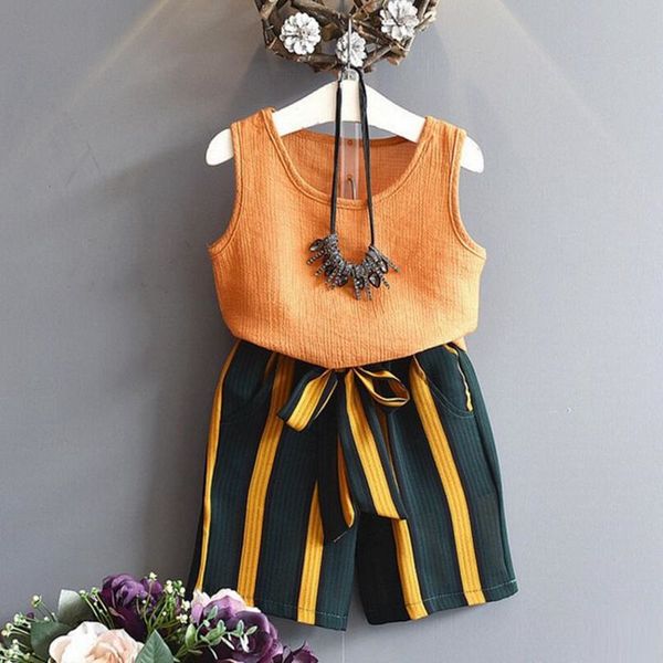 

2019 new summer girls clothing sets baby toddler kids girl clothes sleeveless tank+bow striped short pants 2pcs suit jw2172, White