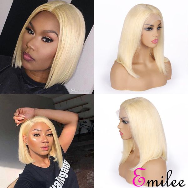 

emilee blonde lace front wig peruvian 613 short bob wig human remy hair straight transparent lace wigs 10 inch, Black;brown