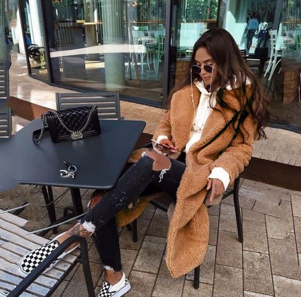 

hcbless women's woolen coat 2019 winter women's fashion wild solid reversible lapel fleece long coat, Black