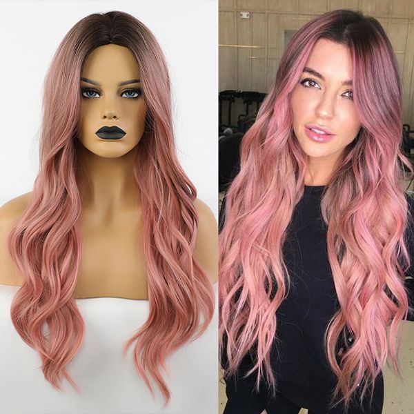 

emmor high temperature cosplay daily pink wig long black root melt to pink natural wave synthetic hair wigs with bangs for women