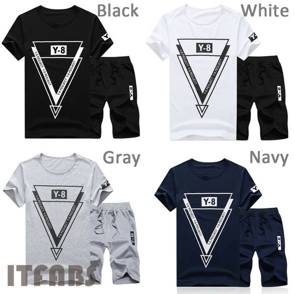 

2019 summer men's tracksuit set short sleeve t-shirt gym sports half pants trousers quick dry sports sets, Gray