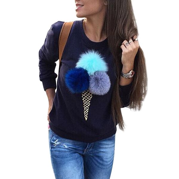 

sweaters women cute pom pom decoration pullovers ladies ice cream cone embroidery sweater ladies o-neck long sleeve top, White;black