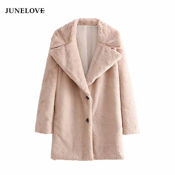 

junelove women winter chic warm faux fur long coat casual lapel collar long sleeve female thick coat vintage lady outwears, Black