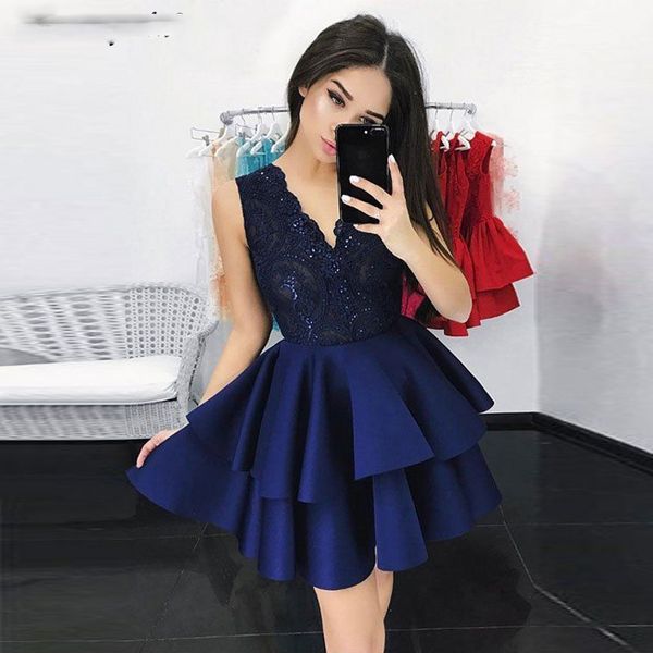 

2019 V-Neck Lace Ruffles Satin 8 Grade Graduation Dresses vestidos de graduacion Short Prom Dress Homecoming Dresses