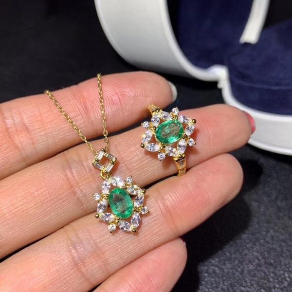 

luxurious especially talonpaw natural green emerald gem jewelry sets natural gemstone ring pendant 925 silver women gift jewelry, Black