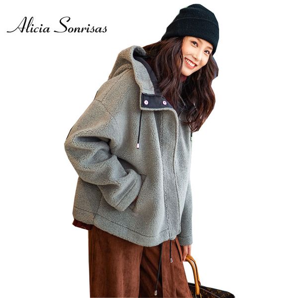

new 2018 winter faux shearling sheepskin coat lamb casual hooded loose short suede warm motorcycle jacket mf1851602, Black