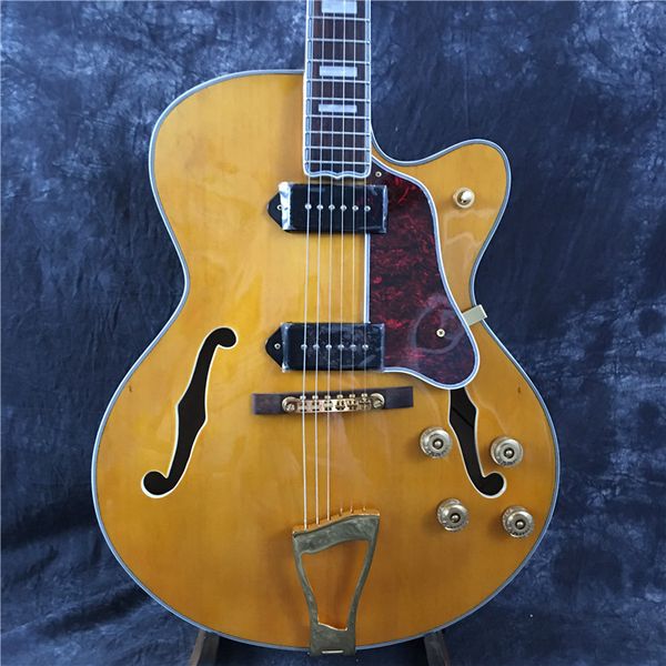 

jazz electric guitar, yellow, hollow body, gold hardware, guitar, ing