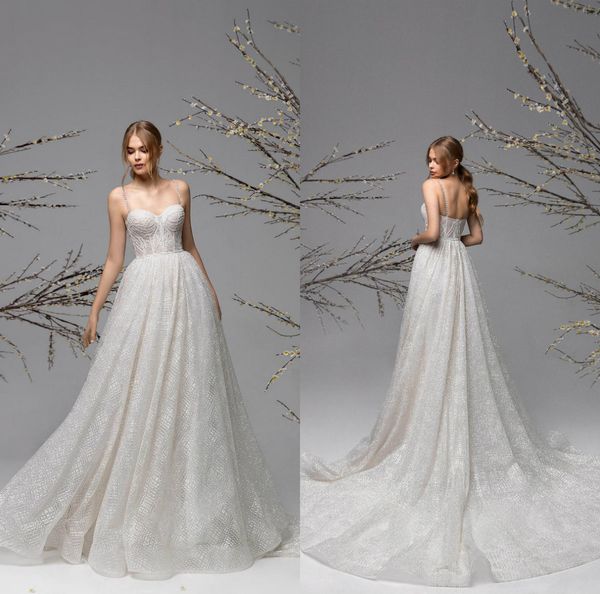 

2021 fashion wedding dresses spaghetti straps backless bridal gowns custom made lace sequins sweep train a-line wedding dress, White