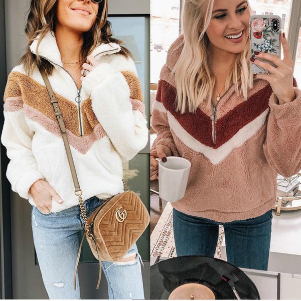 

women fleece sweatshirt oversized hoodies winter causal faux fur zipper patchwork pullover fluffy warm long sleeve plush top, Black