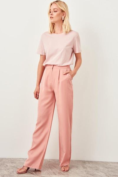 

trendyol salmon pink высокой талии прямые брюки 2019 весна управление леди workear штаны ноги брюки лиоцеллюлозные женская twoss19bb0132, Black;white