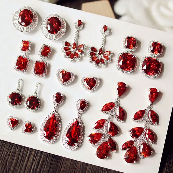 

luxury claret wine red stone long drop earrings geometric shape big square cubic zirconia women party wedding jewelry gift, Silver