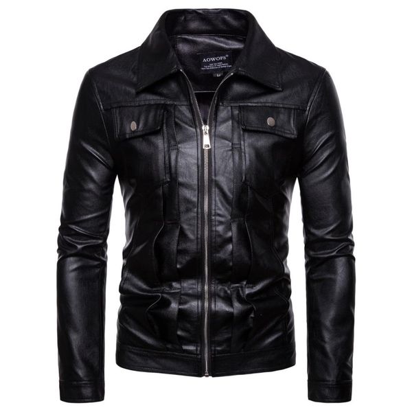 

2019 autumn europe and america england washing locomotive leather coat pu leather jacket men casual square collar coat, Black