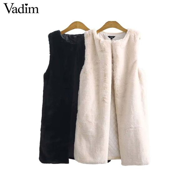 

vadim women winter faux fur long vest thick warm waistcoat solid pockets sleeveless jacket casual chic outerwear ma011, Black;white